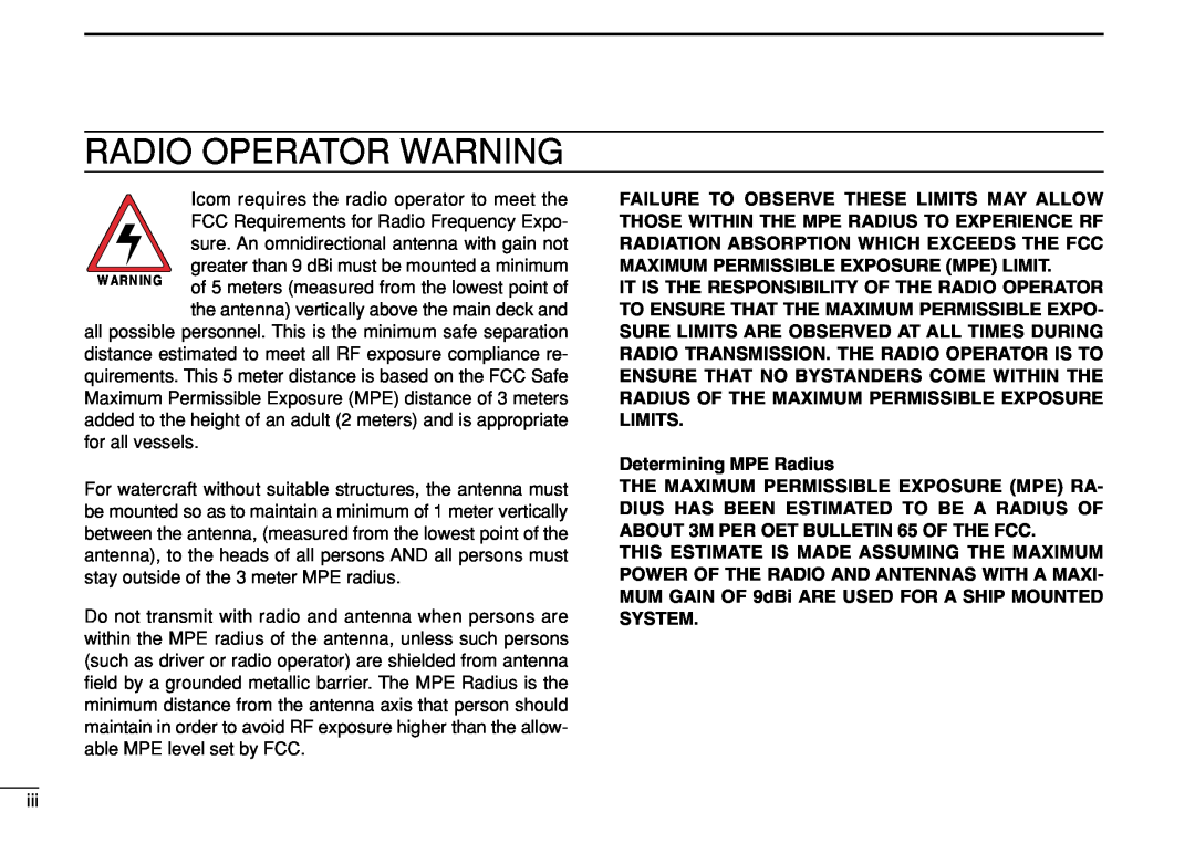 Icom IC-M504 instruction manual Radio Operator Warning, Determining MPE Radius 
