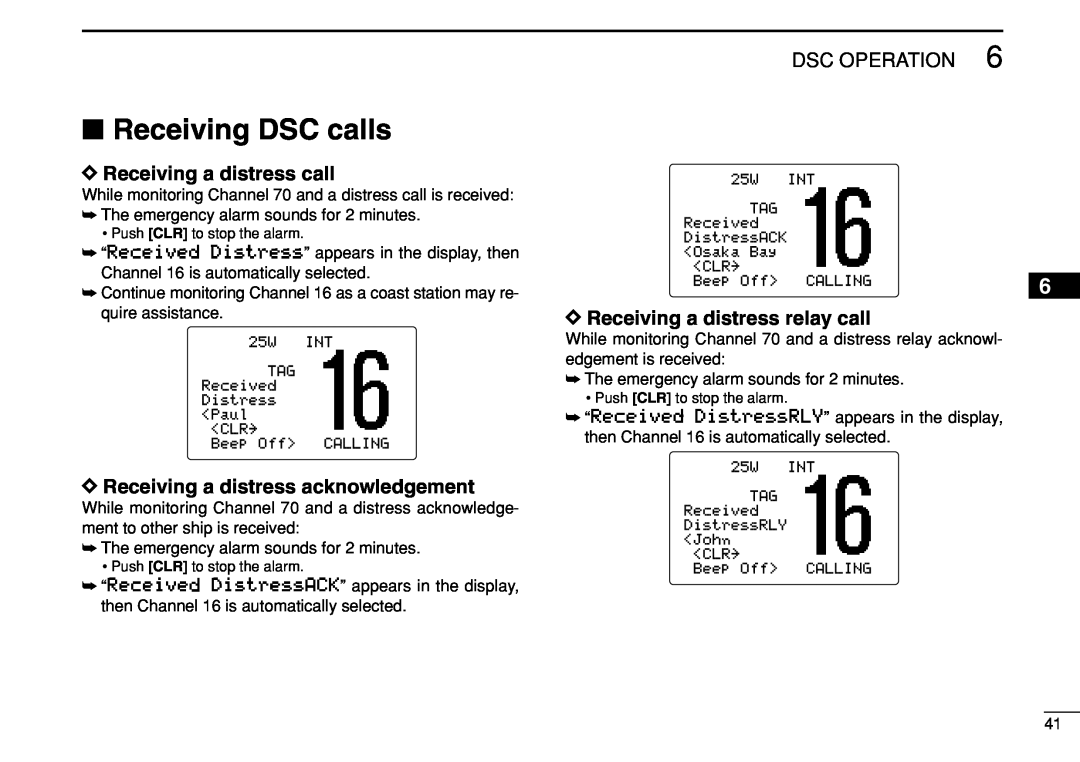 Icom IC-M504 Receiving DSC calls, DReceiving a distress call, DReceiving a distress acknowledgement, Dsc Operation 