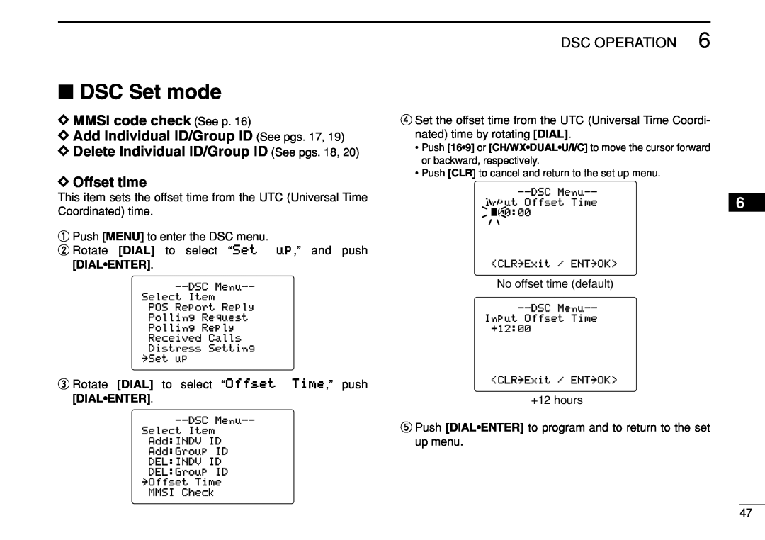 Icom IC-M504 DSC Set mode, DMMSI code check See p, DAdd Individual ID/Group ID See pgs. 17, DOffset time, Dsc Operation 