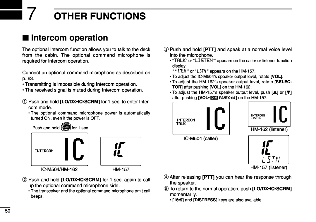 Icom IC-M504 instruction manual Other Functions, Intercom operation 