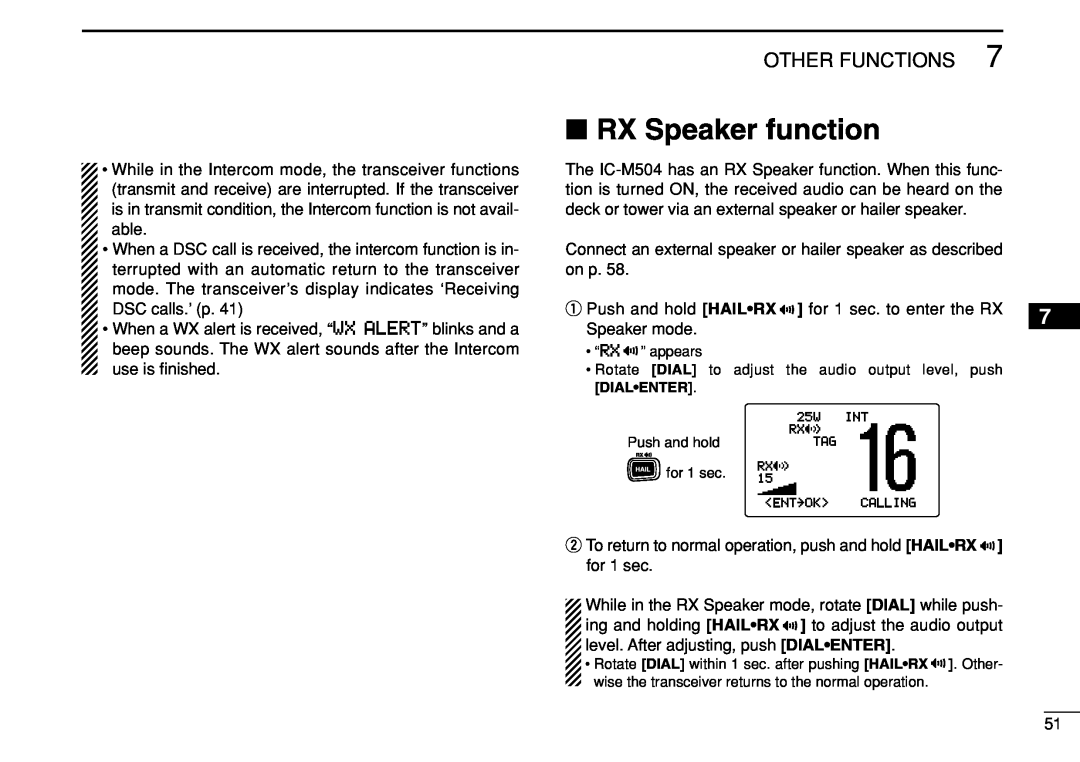 Icom IC-M504 instruction manual RX Speaker function, Other Functions 