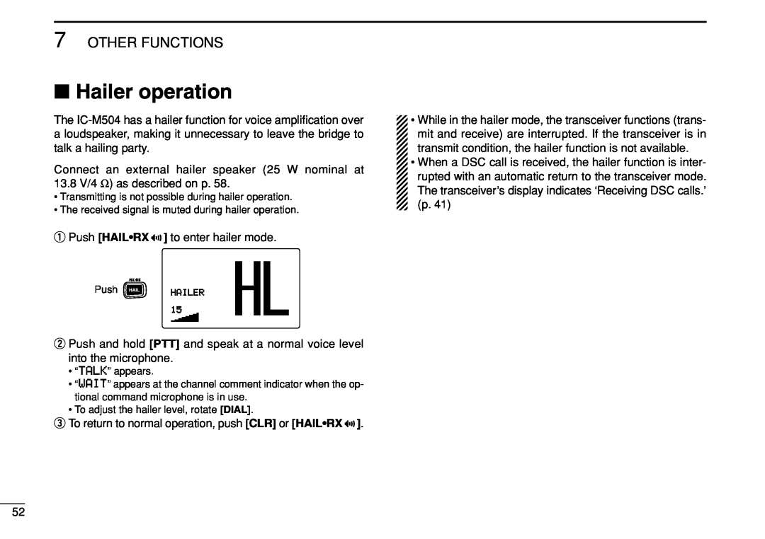 Icom IC-M504 instruction manual Hailer operation, Other Functions 