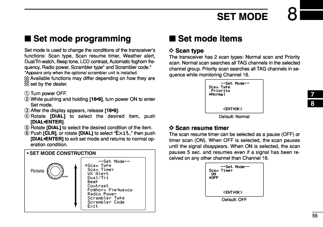 Icom IC-M504 Set mode programming, Set mode items, DScan type, DScan resume timer, •Set Mode Construction 