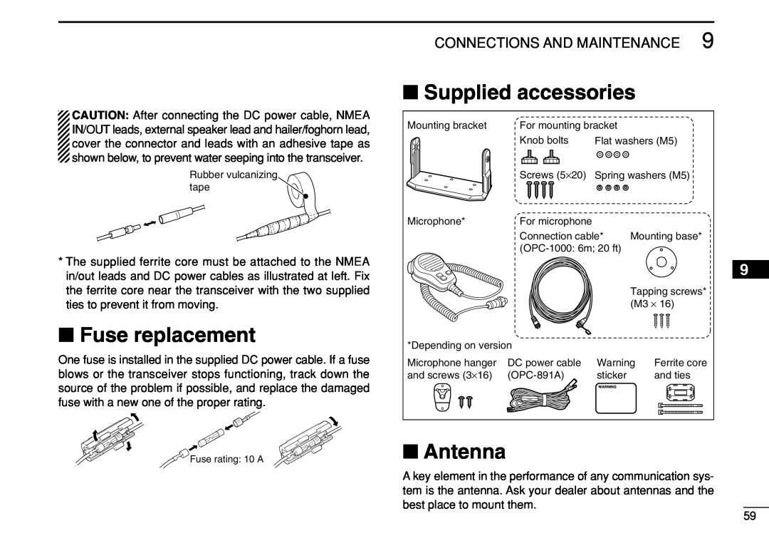 Icom IC-M504 instruction manual Fuse replacement, Supplied accessories, Antenna, Connections And Maintenance 