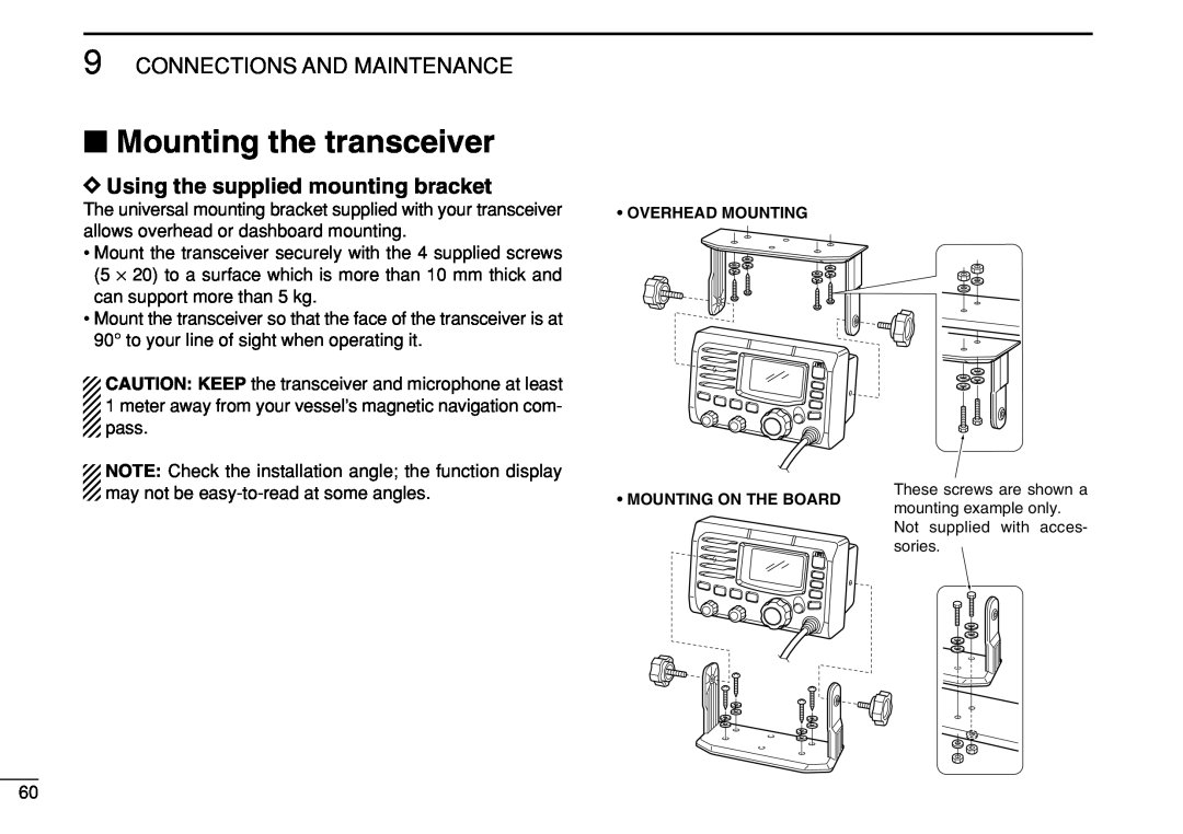Icom IC-M504 instruction manual Mounting the transceiver, Connections And Maintenance, DUsing the supplied mounting bracket 