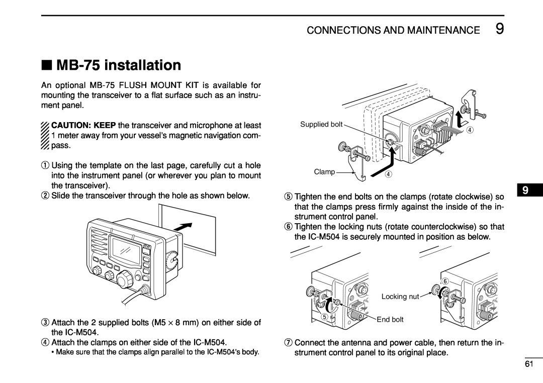 Icom IC-M504 instruction manual MB-75installation, Connections And Maintenance 