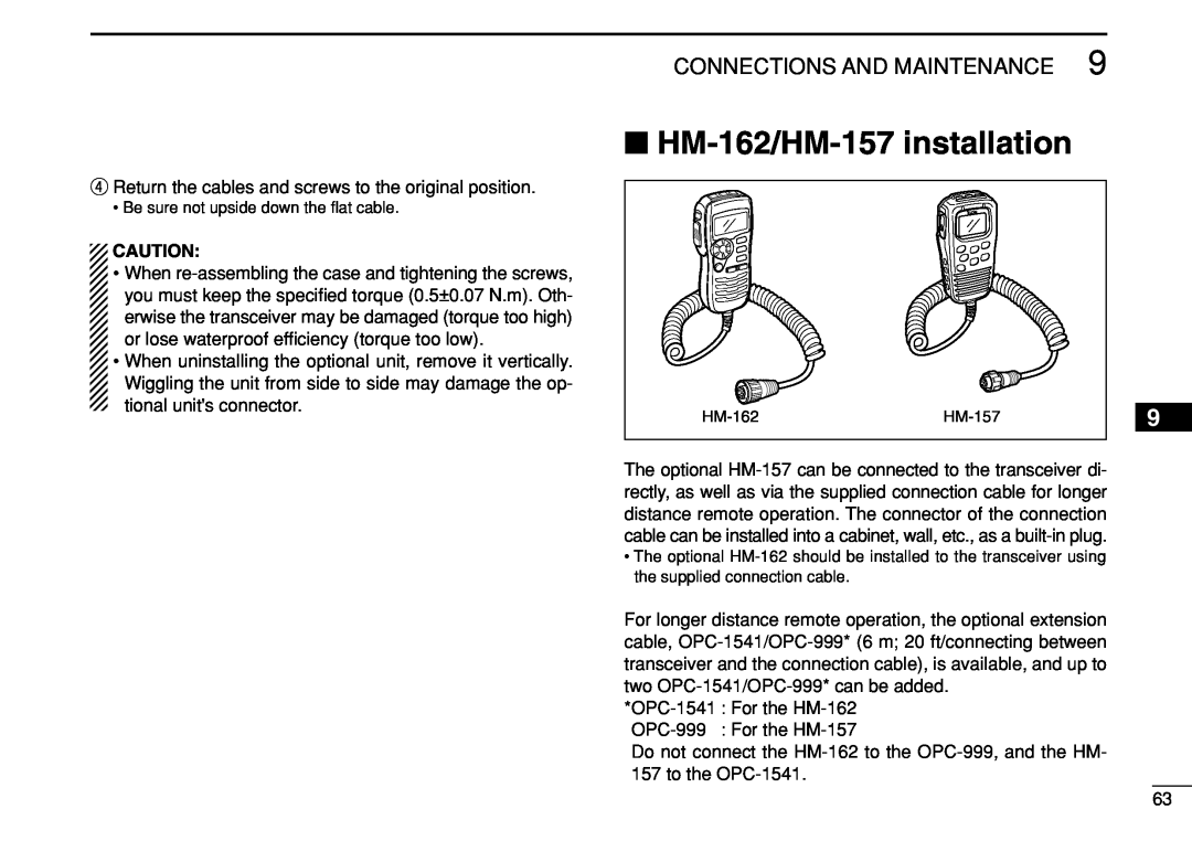 Icom IC-M504 instruction manual HM-162/HM-157installation, Connections And Maintenance 