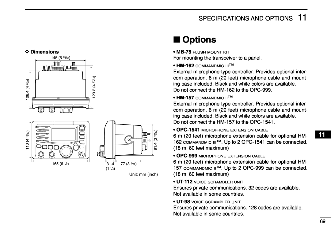 Icom IC-M504 instruction manual Specifications And Options, D Dimensions 