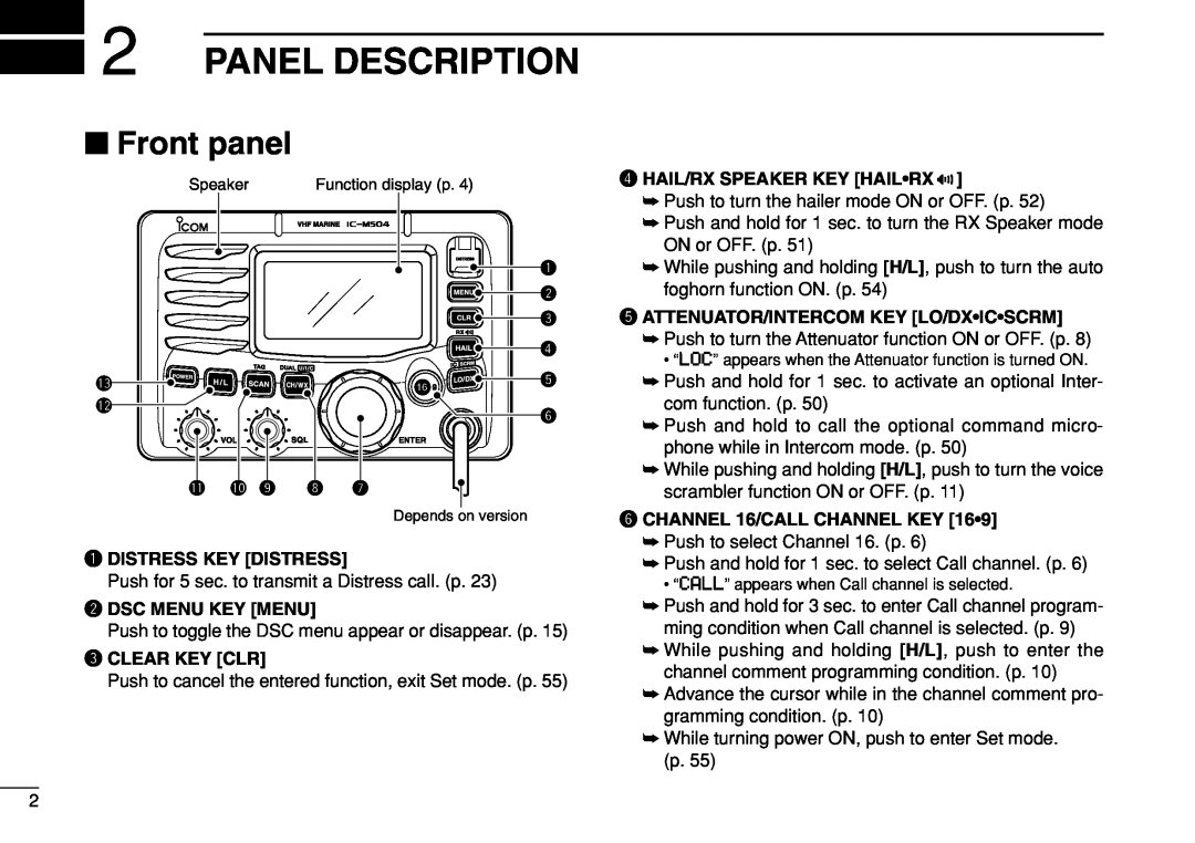 Icom IC-M504 instruction manual Panel Description, Front panel, qDISTRESS KEY DISTRESS, wDSC MENU KEY MENU, eCLEAR KEY CLR 
