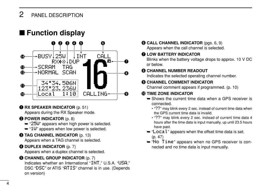 Icom IC-M505 instruction manual Function display, 0TIME Zone Indicator 