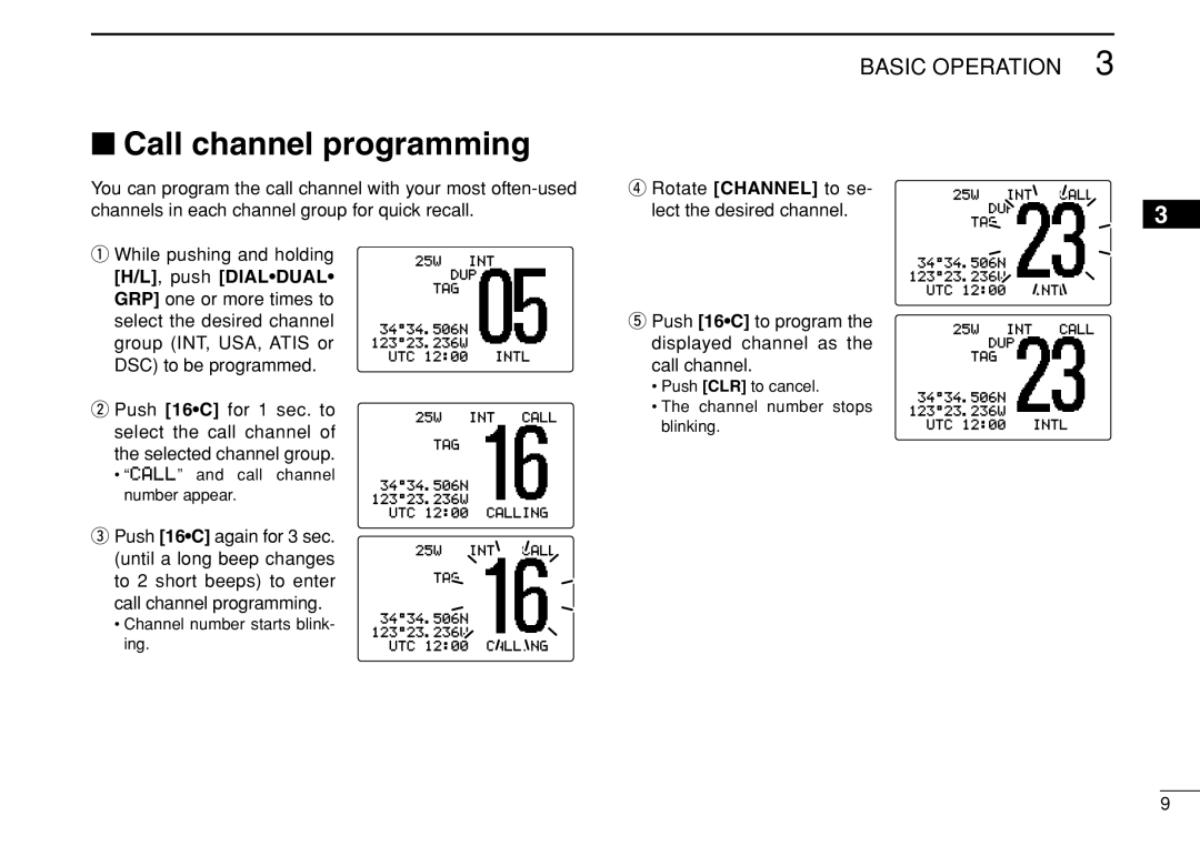 Icom IC-M505 instruction manual Call channel programming 