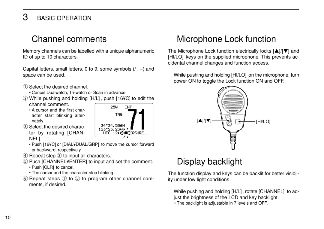 Icom IC-M505 instruction manual Channel comments, Microphone Lock function, Display backlight, Nel 