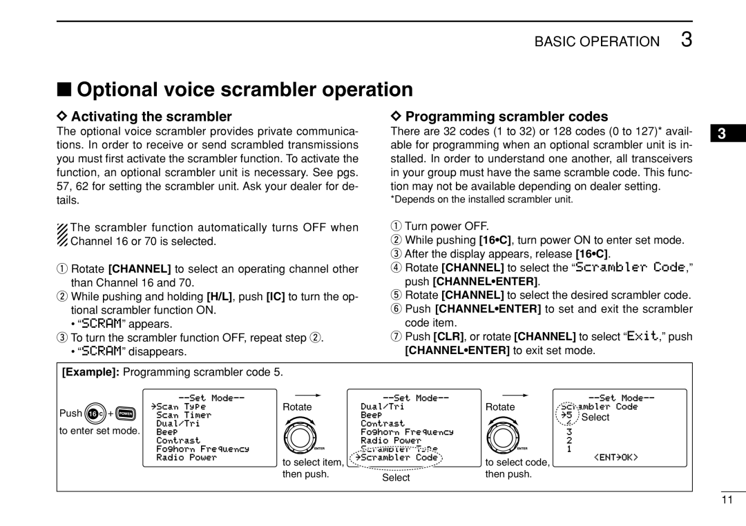 Icom IC-M505 Optional voice scrambler operation, Activating the scrambler Programming scrambler codes, Push Channelenter 