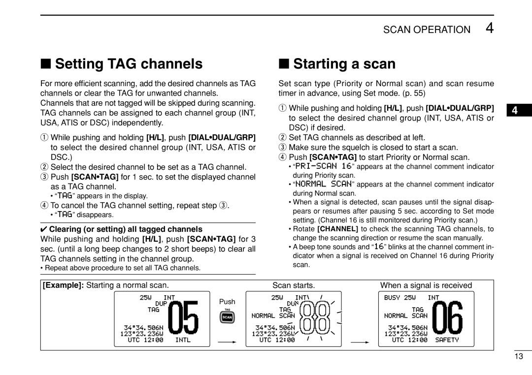 Icom IC-M505 instruction manual Setting TAG channels, Starting a scan, Clearing or setting all tagged channels 