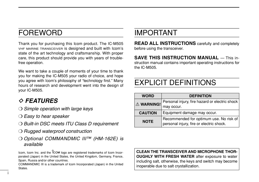 Icom IC-M505 Word Definition, May occur, Equipment damage may occur, Personal injury, ﬁre or electric shock 