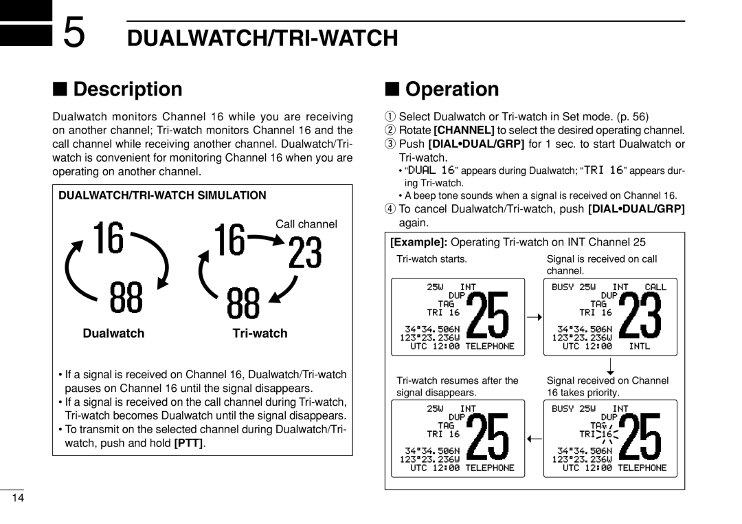 Icom IC-M505 instruction manual Dualwatch/Tri-Watch, Description, Operation, DUALWATCH/TRI-WATCH Simulation 