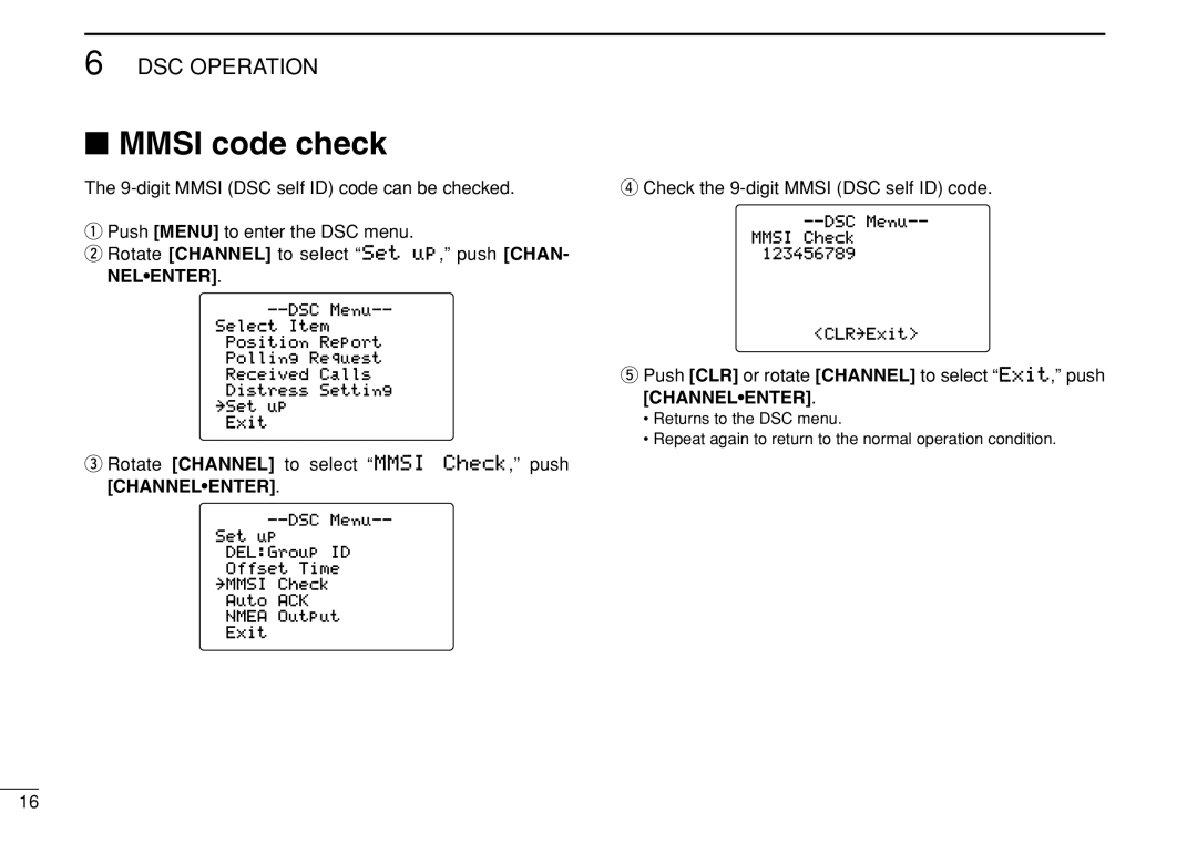 Icom IC-M505 instruction manual Mmsi code check, Check the 9-digit Mmsi DSC self ID code 