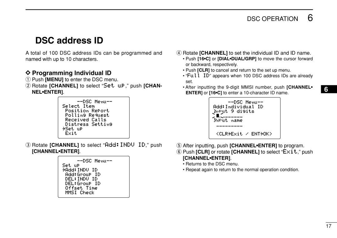 Icom IC-M505 DSC address ID, Programming Individual ID, Rotate Channel to select AddINDV ID, push Channelenter 