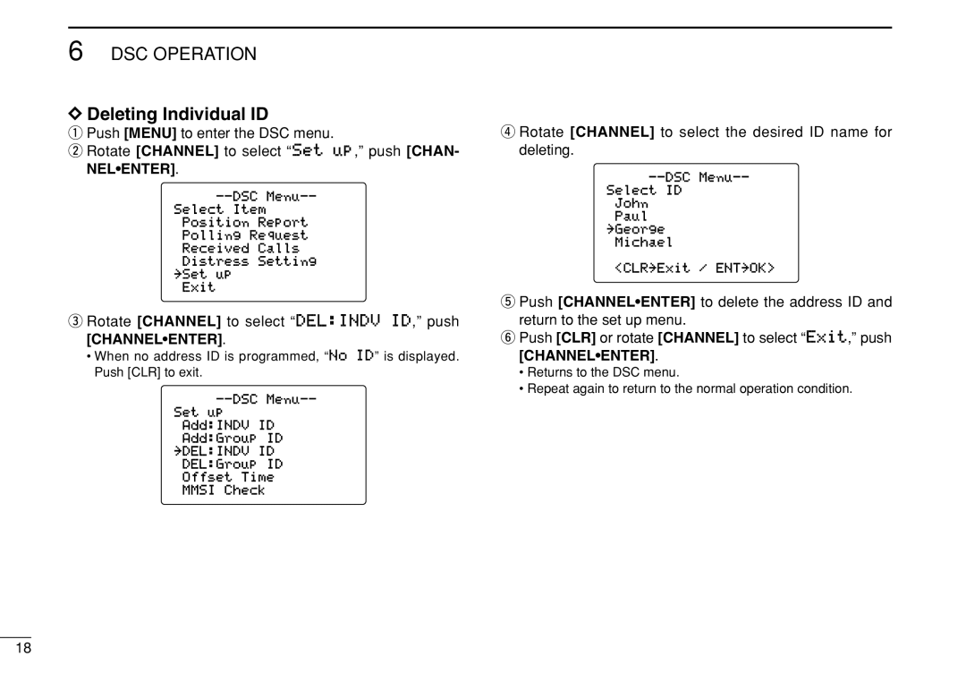 Icom IC-M505 instruction manual Deleting Individual ID, Rotate Channel to select Delindv ID, push Channelenter 