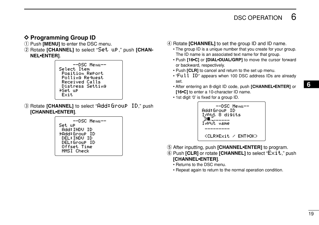 Icom IC-M505 instruction manual Programming Group ID, Rotate Channel to select AddGroup ID, push Channelenter 