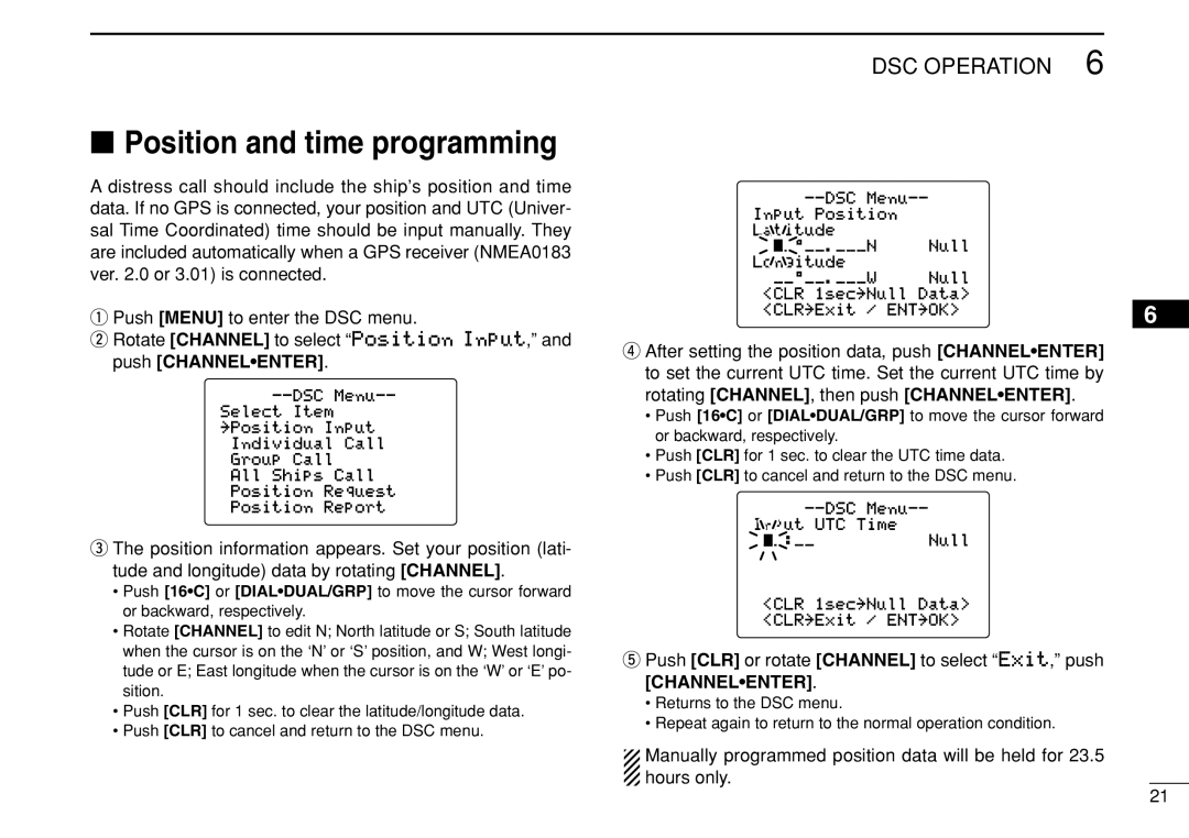 Icom IC-M505 instruction manual Position and time programming 