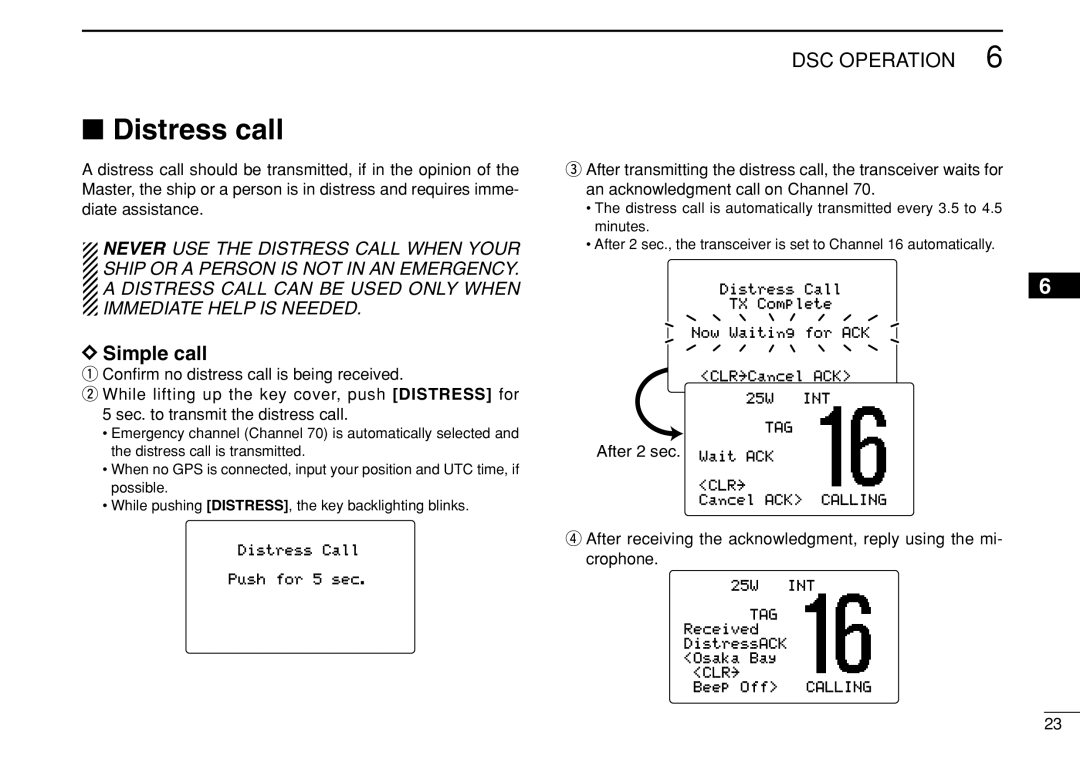 Icom IC-M505 instruction manual Distress call, Simple call, After 2 sec. Wait ACK 