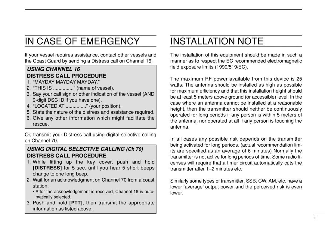 Icom IC-M505 instruction manual Case of Emergency 