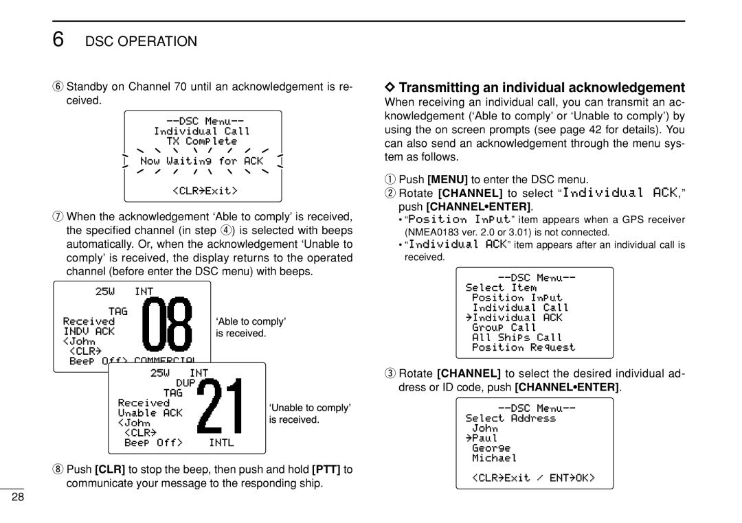 Icom IC-M505 instruction manual Transmitting an individual acknowledgement 