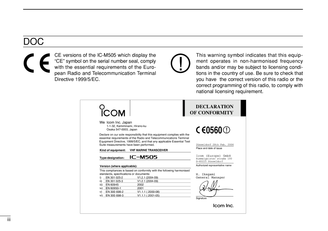 Icom IC-M505 instruction manual Doc, Iii 