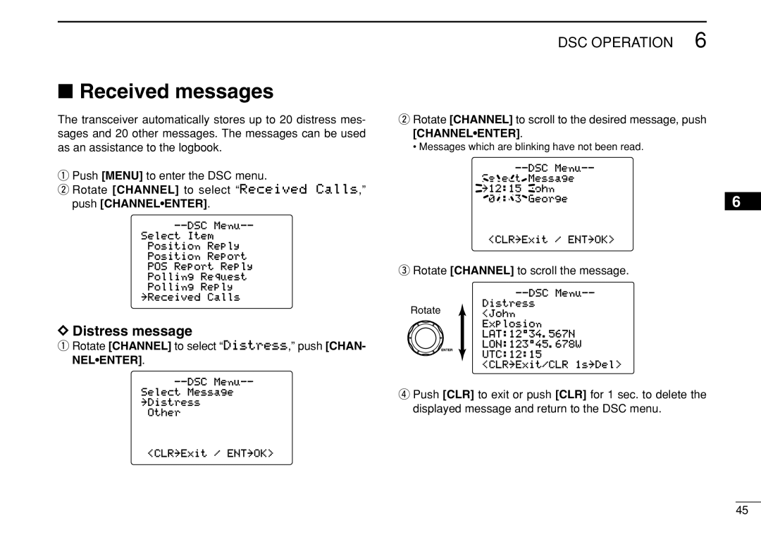 Icom IC-M505 instruction manual Received messages, Distress message, Rotate Channel to select Distress, push CHAN- Nelenter 