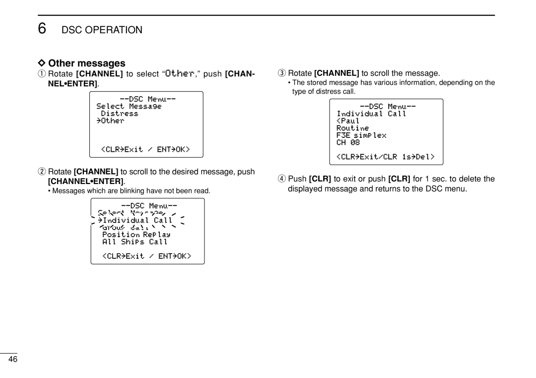 Icom IC-M505 instruction manual Other messages, Rotate Channel to select Other, push CHAN- Nelenter 