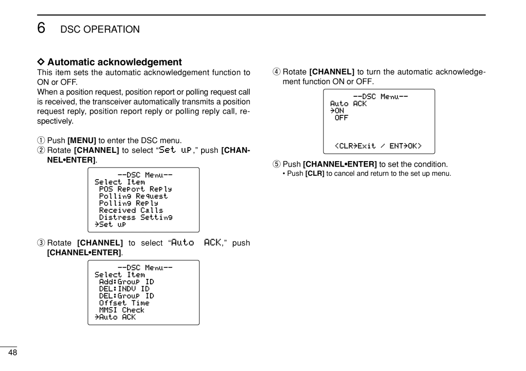 Icom IC-M505 instruction manual Automatic acknowledgement, Rotate Channel to select Auto ACK, push Channelenter 