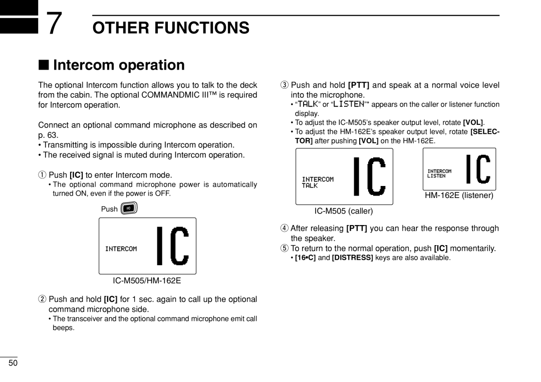 Icom IC-M505 instruction manual Other Functions, Intercom operation, Push IC to enter Intercom mode 