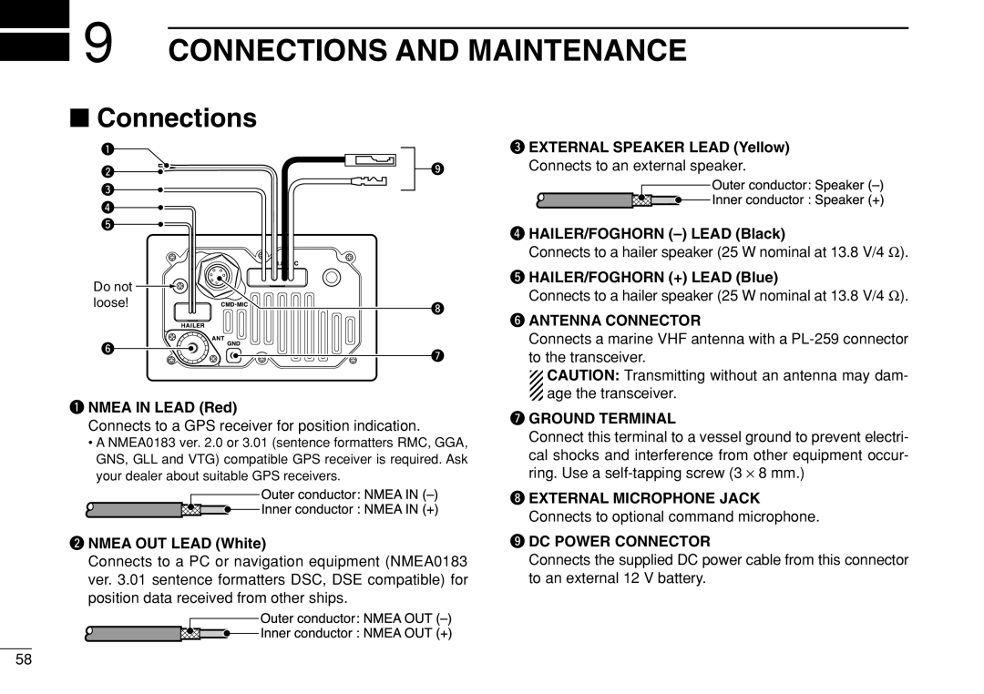 Icom IC-M505 instruction manual Connections and Maintenance 