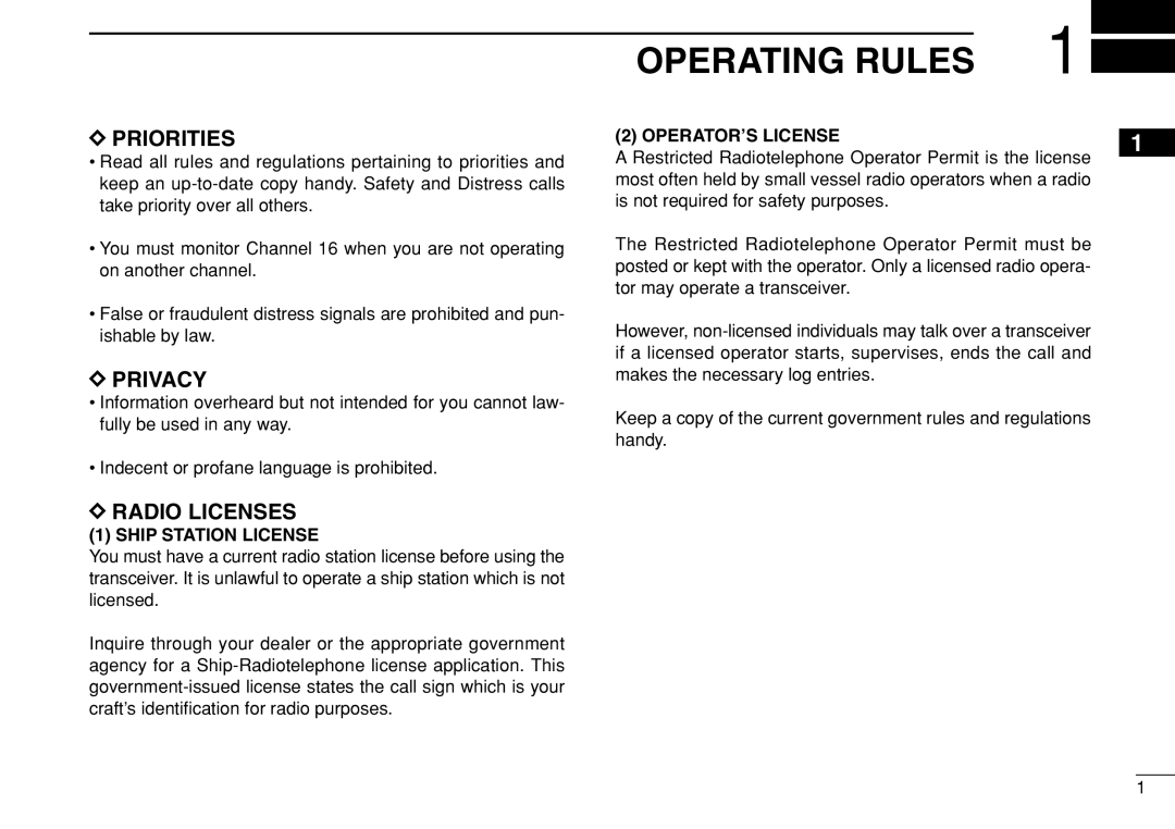 Icom IC-M505 instruction manual Operating Rules, Ship Station License, OPERATOR’S License 