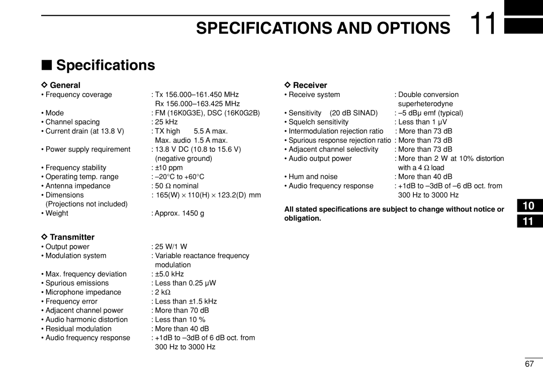 Icom IC-M505 instruction manual Specifications and Options, Speciﬁcations, General Receiver, Transmitter 