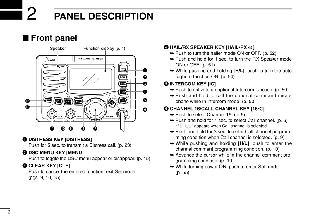 Icom IC-M505 instruction manual Panel Description, Front panel 