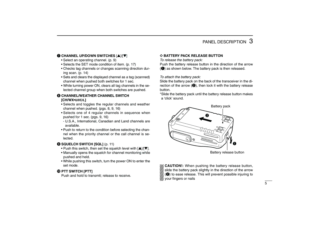 Icom IC-M88 Channel UP/DOWN Switches Y/Z, CHANNEL/WEATHER Channel Switch CH/WXU/I/C/L, Squelch Switch SQL p 