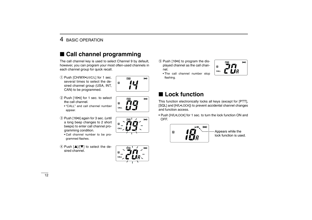 Icom IC-M88 instruction manual Call channel programming, Lock function 