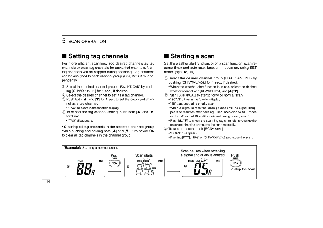 Icom IC-M88 instruction manual Setting tag channels, Starting a scan 