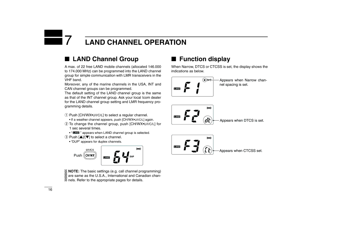 Icom IC-M88 instruction manual Land Channel Operation, Land Channel Group 