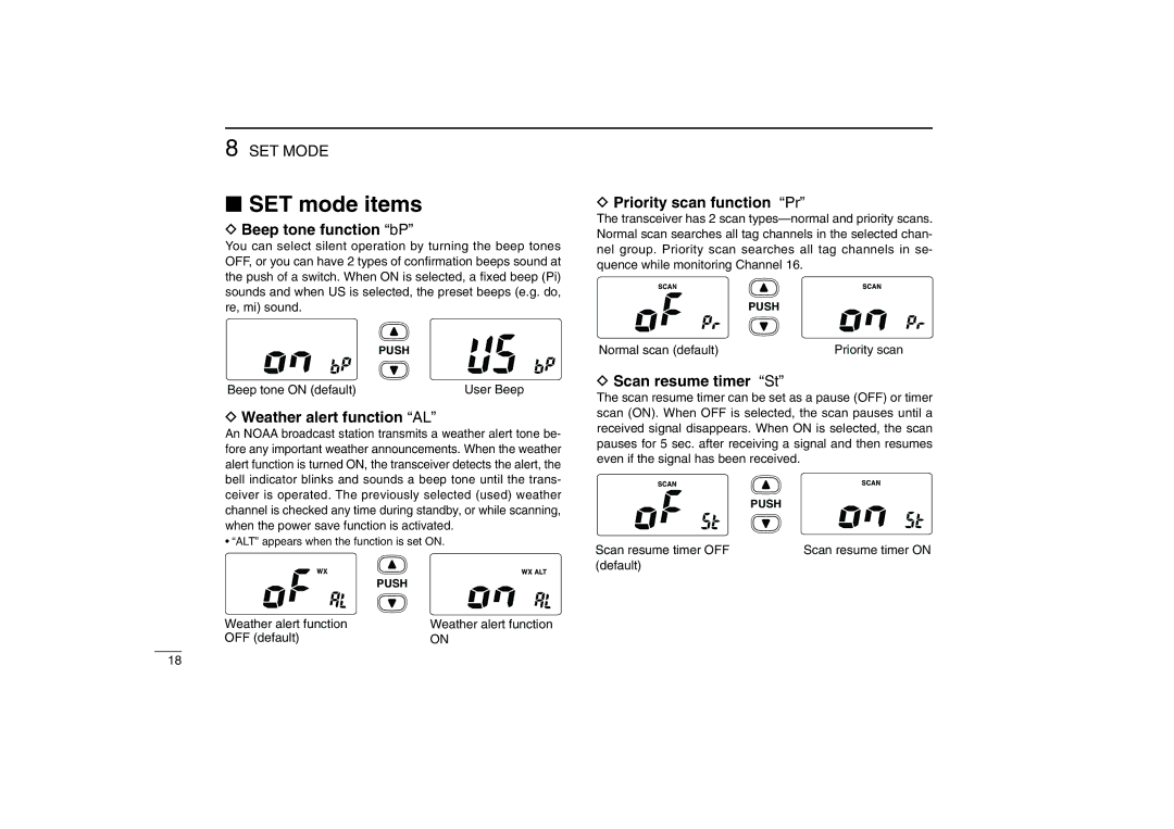 Icom IC-M88 instruction manual SET mode items, Beep tone function bP, Weather alert function AL, Priority scan function Pr 