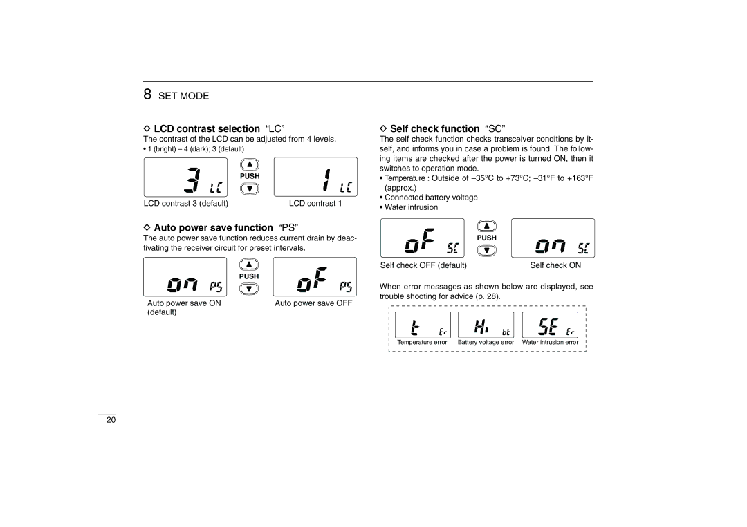 Icom IC-M88 instruction manual LCD contrast selection LC, Auto power save function PS, Self check function SC 