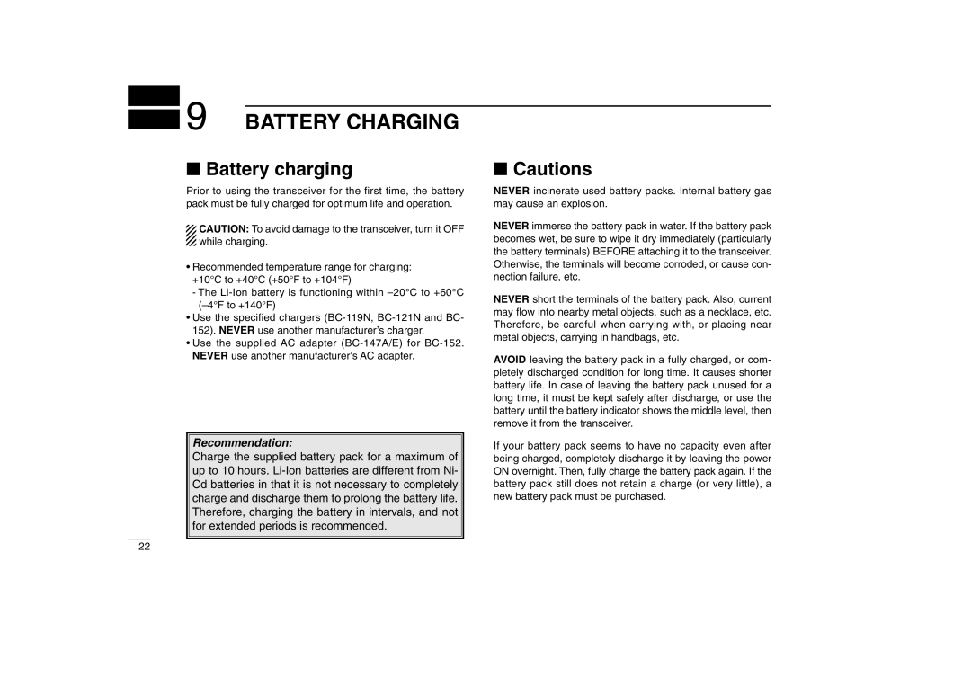 Icom IC-M88 instruction manual Battery Charging, Battery charging 