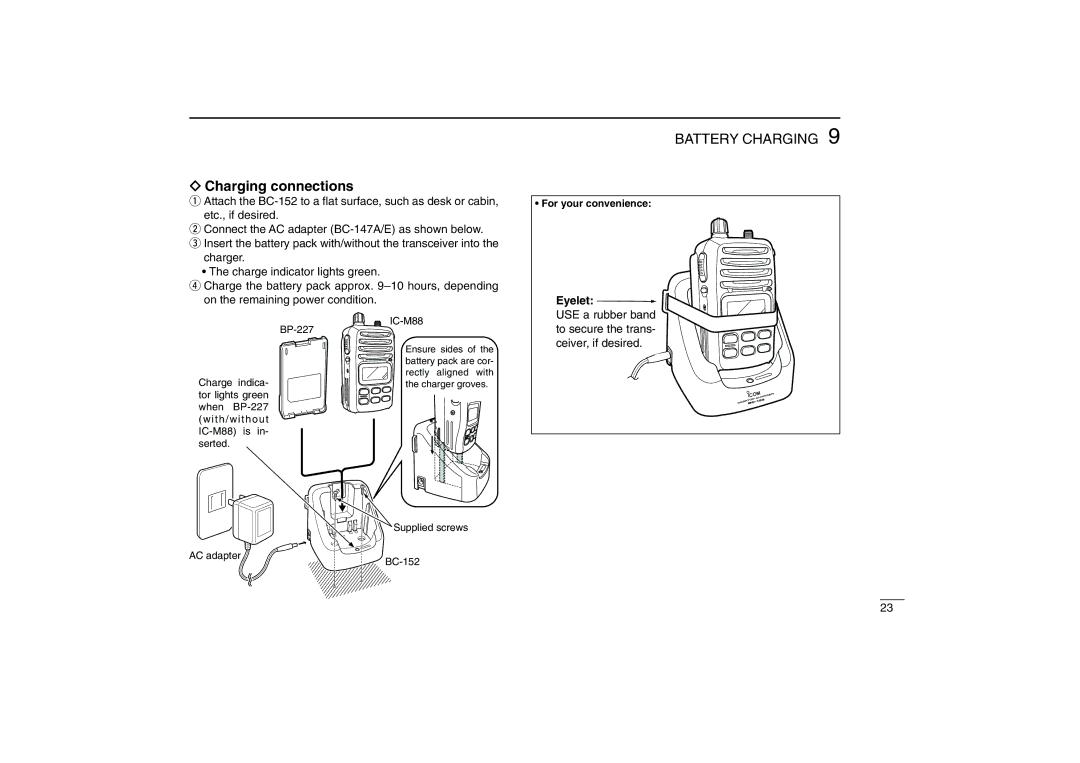 Icom IC-M88 instruction manual Charging connections, Eyelet 