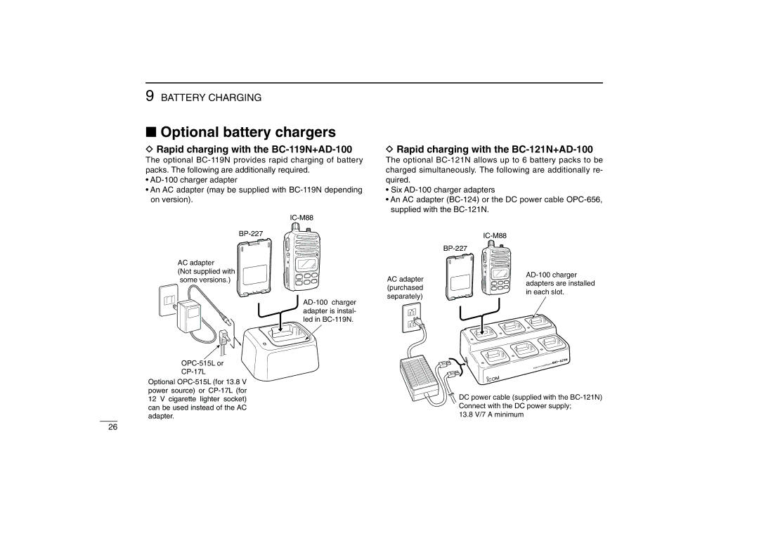 Icom IC-M88 Optional battery chargers, Rapid charging with the BC-119N+AD-100, Rapid charging with the BC-121N+AD-100 