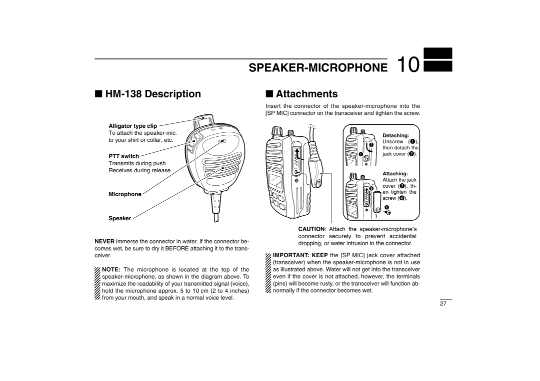 Icom IC-M88 instruction manual Speaker-Microphone, HM-138 Description, Attachments 