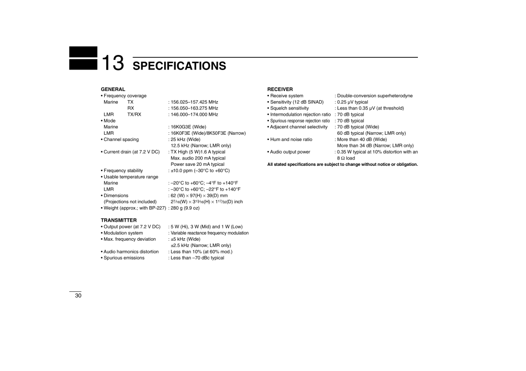 Icom IC-M88 instruction manual Specifications, General Receiver 