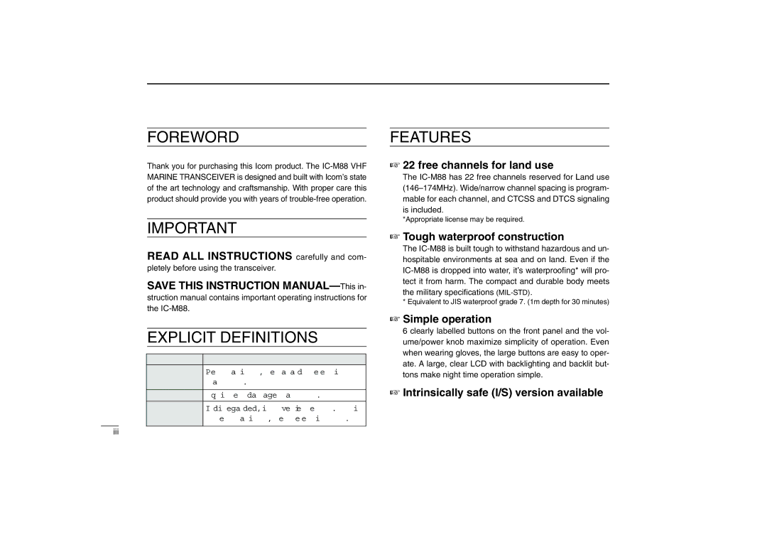 Icom IC-M88 Word Definition Rwarning, May occur, Equipment damage may occur, If disregarded, inconvenience only. No risk 