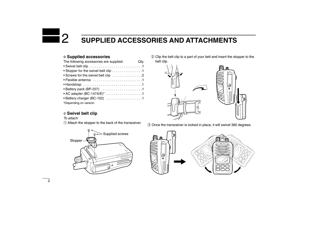 Icom IC-M88 instruction manual Supplied Accessories and Attachments, Supplied accessories, Swivel belt clip 